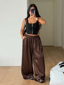 Coolane Plus Size Women Solid Color Drawstring Waist Pockets Wide Leg Loose Casual Pants - Coffee Brown - View 2
