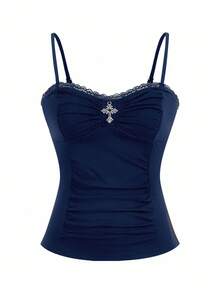 ROMWE Goth Top con colgante de cruz gótica, patchwork de encaje y fruncido para mujeres - Azul Marino - Ver 3