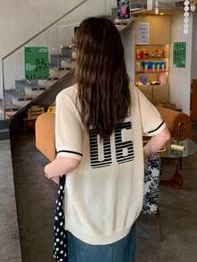 Dazy Plus 宽松休闲字母提花 Polo 领学院风春夏加大码针织女式上衣 - 杏色 - 查看 4