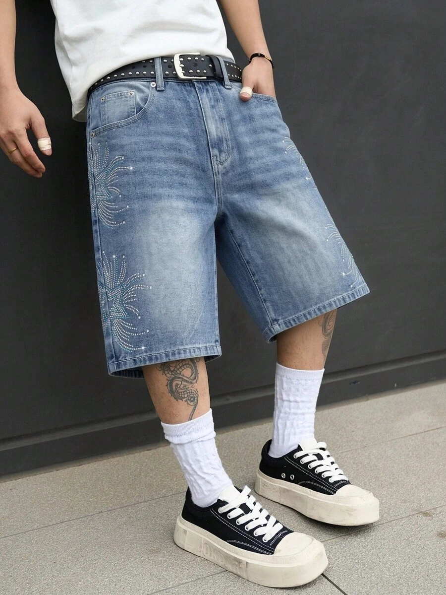 GALLERY FADE Men's Casual Denim Shorts With Pockets And Rhinestone Buttons, Versatile For Daily Wear, Holiday - Blue - View 1