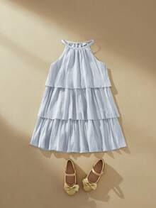 SHEIN Young Girl Cute Sweet Multi-Layer Ruffle Hem Round Neck Sleeveless Dress - Blue - View 5
