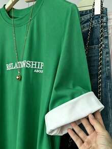 Resyla 女款夏季休閒日常通勤字母印花對比色捲袖T恤 - 彩色 - 查看 3