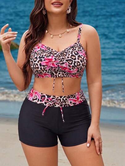 Swim Vcay Plus Size Women's Summer Leopard & Floral Print Tankini Swimwear Set, Vacation Style Square Neck Drawstring Design, Suitable For Beach, Pool Party