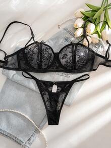 SHEIN 2 piezas Conjunto de sujetador con aros y parches de encaje cómodo para mujer - Negro - Ver 1