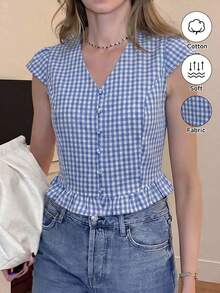 Pariaura French Style Blue V-Neck Button Ruffle Hem Women Blouse - Blue - View 3