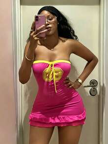 Fiercella Fiercella 女款數字印花前綁帶抹胸洋裝，粉黃配色，適合夜店、派對、日常外出，夏季 Y2K 休閒 2000s 風格 - 彩色 - 查看 6