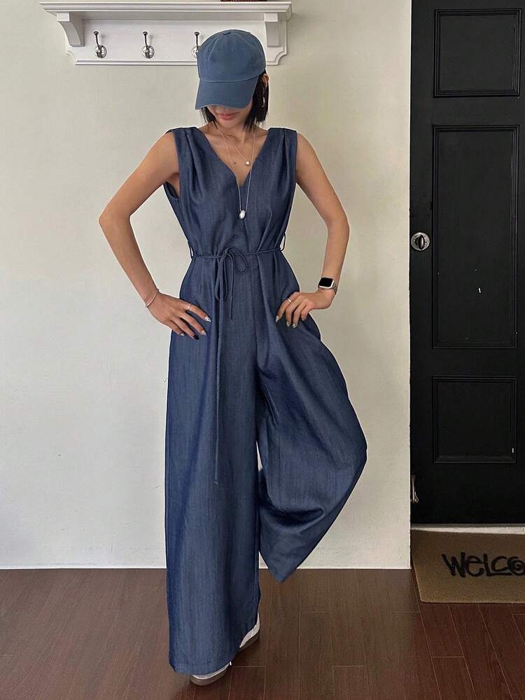 Solid Color Loose Waist Sleeveless Jumpsuit, Elegant Summer Holiday Outfit For Women