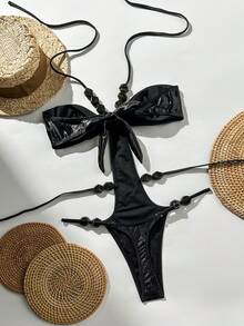 SHEIN Swim 一件式紋理金箔串珠性感女款泳衣，適合春夏季度假 - 黑色 - 查看 2