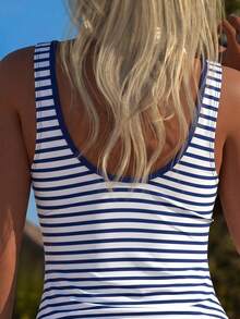Swim Lushoire 1 Set Traje de Baño Tankini Elegante y Casual con Estampado de Rayas Azules & Blancas para Mujer - Multicolor - Ver 2