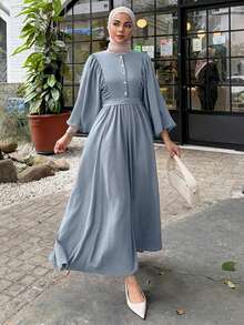 DAZY Women's Elegant Solid Color Round Neck Ruched Waist Mid-Length Dress, Spring & Summer Sundress - Blue - View 5