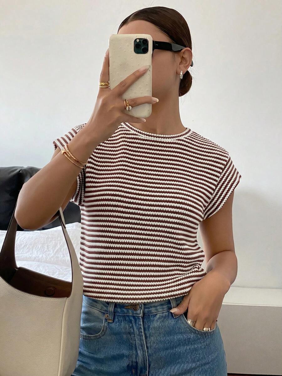 Siren Gaze Women's Brown And White Round Neck Short Sleeve Casual Versatile T-Shirt World Cup Vacation Summer - Multicolor - View 1