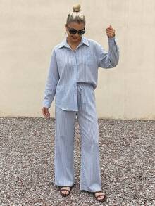 DAZY Women's Striped Long Sleeve Button-Up Shirt And Pants Pajama Set - Blue - View 4