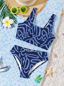 Tween Girls Allover Print Tankini Swimwear Set, Suitable For Summer - Multicolor - View 3