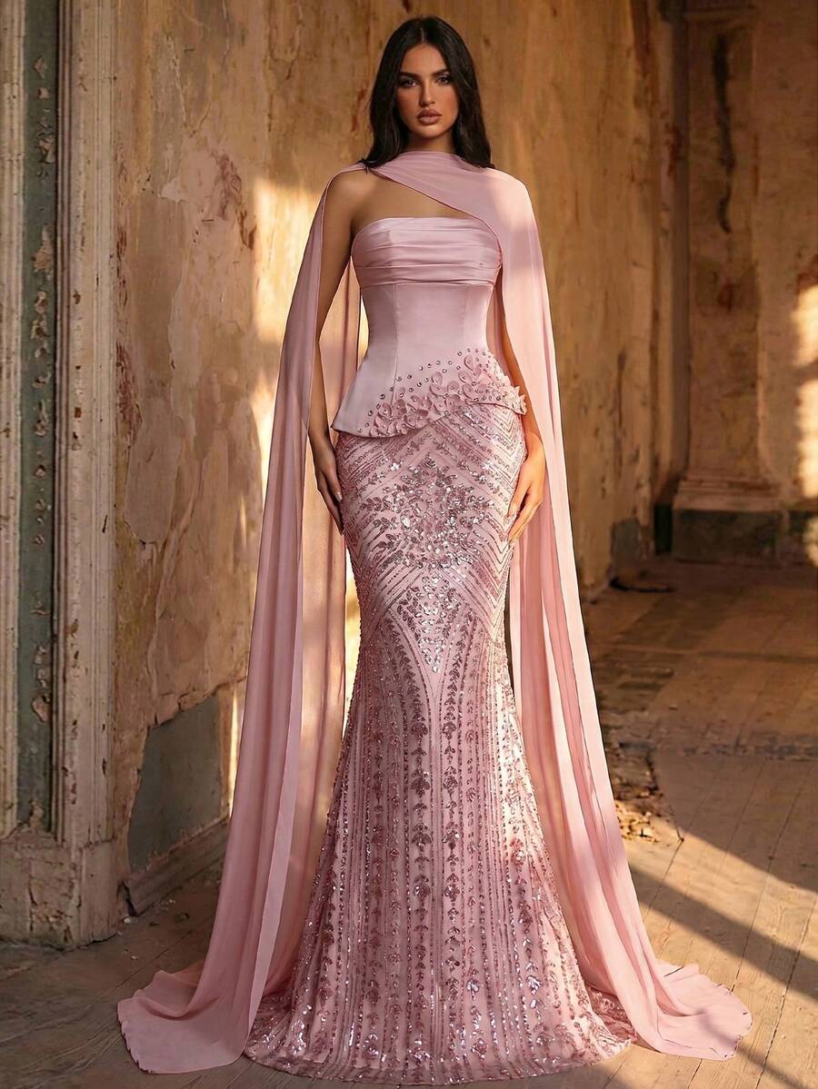 Aureia Đầm đuôi cá trễ vai phối ren đính sequin sang trọng thanh lịch, dây buộc điều chỉnh được, phù hợp cho hẹn hò, du lịch, tiệc độc thân, đám cưới và các dịp trang trọng - Hồng - Xem 1