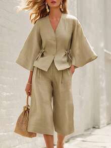 Breezaya Bộ đồ nữ mùa xuân/hè/thu tay loe phối nơ gồm áo cardigan và quần ống rộng, chất liệu sợi tre mềm mại, màu mơ nhạt, thích hợp mặc thường ngày/nghỉ dưỡng/đi biển. - Màu be - Xem 6