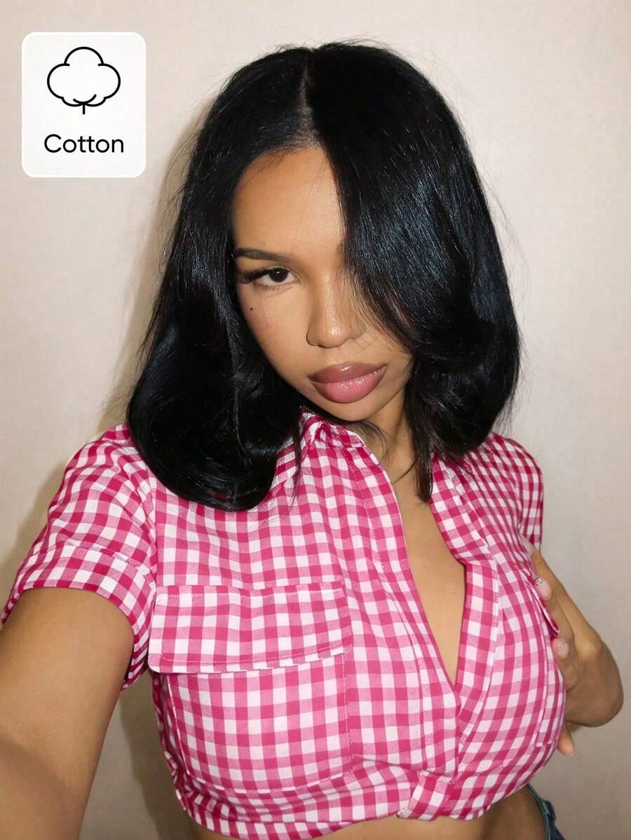 SHEIN BamGlam 女款格紋甜美短版雙口袋短袖襯衫 - 粉色 - 查看 1