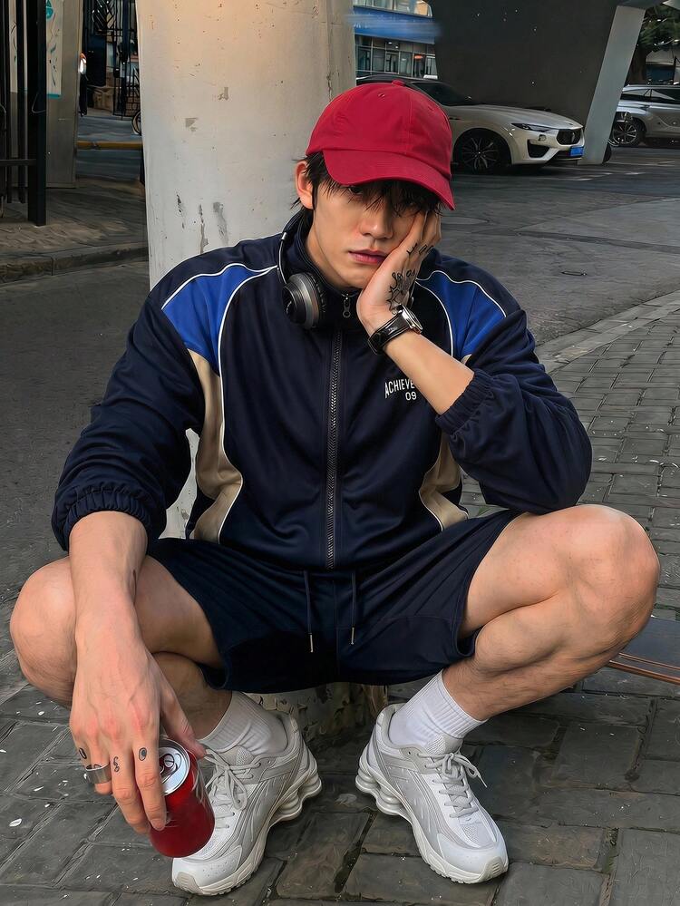 Men's Letter Print Zip-Up Jacket And Shorts Casual Outfit