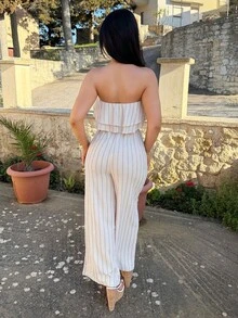 Vassilux 女士条纹荷叶边下摆抹胸连体衣，休闲度假风格 - 杏色 - 查看 2