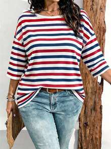 EMERY ROSE Plus Size Women Casual Striped Print Drop Shoulder T-Shirt, Suitable For Summer Wear - Multicolor - View 1