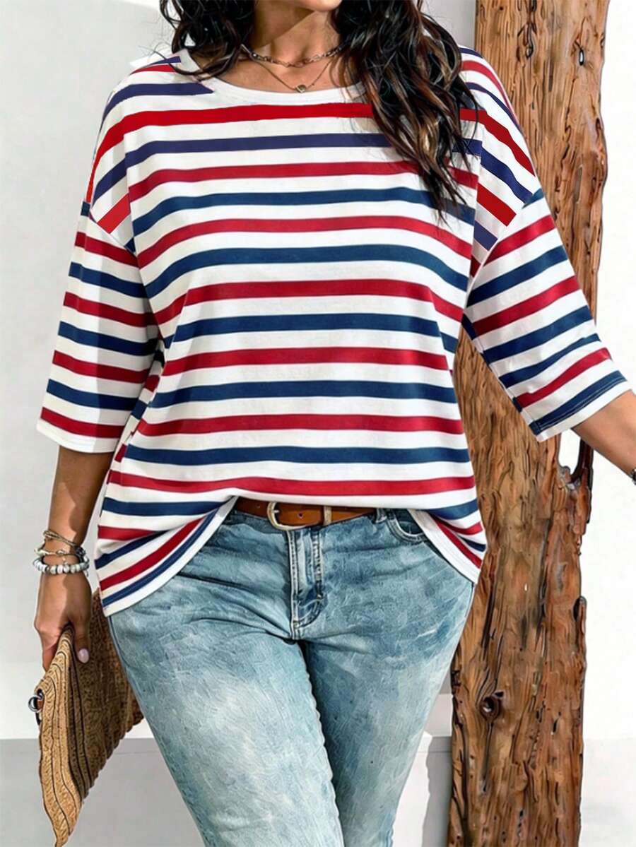 EMERY ROSE Plus Size Women Casual Striped Print Drop Shoulder T-Shirt, Suitable For Summer Wear - Multicolor - View 1