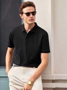 Blueprint 男士单件 Polo 衫，黑色翻领短袖 Polo 衫，轻薄成熟商务风上衣，适合日常通勤 - 黑色 - 查看 6