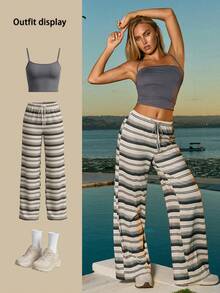 Fluxe Women Striped Loose Straight Leg Sweatpants Perfect Airport Outfit Suitable For Tennis Yoga Studio Pilates Daily Wear Cute Summer Outfits Festival Outfits Beach Outfits Sea Going Out Outfits Women's Gym Clothes Gym Female Gym Set Casual Sets Holiday Outfits Vacation Sportswear Workout Sets Brown Striped Pants - Apricot - View 12