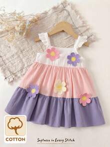 Cozy Pixies Vestido de tirantes con bloque de color y decoración floral para bebé niña, versátil y cómodo - Rosa - Ver 11