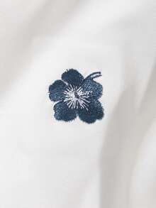 SHEIN 女童简约奢华花卉刺绣装饰白色短袖T恤+藏蓝色纯色直筒阔腿裤两件套，春夏休闲装 - 彩色 - 查看 4