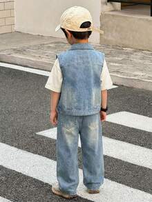 2 pièces Ensemble jeune garçon gilet sans manches en jean bleu vintage et pantalon ample - Jean clair - Voir 2