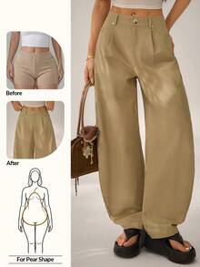 SHEIN PETITE Women's Loose Solid Color Harem Pants With Pockets, Casual Spring/Summer Style - Khaki - View 10