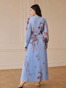 ZEYLAH Lace Patchwork Pleated Waist Fitted Long Dress, Spring/Summer - Aqua Blue - View 3