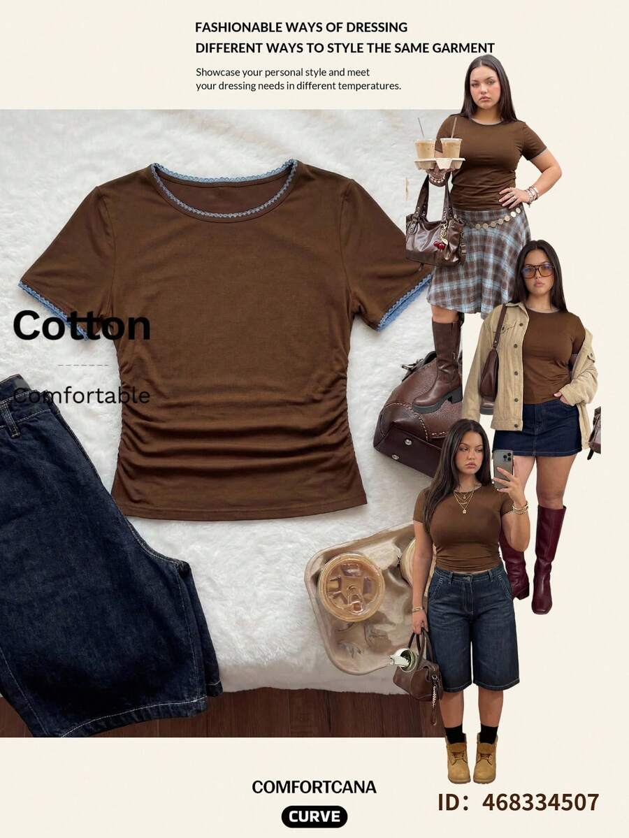 Comfortcana Plus Size Waist Ruched Elastic T-Shirt - Brown - View 1