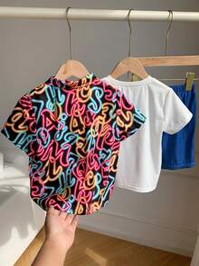 SHEIN 3pcs/Set Kids Young Boy Cute Summer Versatile 3-Piece Set Plaid Short Sleeve Shirt, Patterned White T-Shirt, Blue Shorts, Suitable For Daily Wear, Sports, Outings, Vacations, School, Parties, Holidays, Performances, Photos - Multicolor - View 4