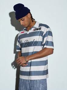 Men's Wide Stripe Rugby Polo Shirt, Contrast Collar, Collegiate Style, Casual Summer T-Shirt, Comfortable - View 4