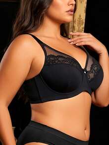 Divavoom Plus Size Solid Color Mesh & Lace Patchwork Underwire Bra - Black - View 3