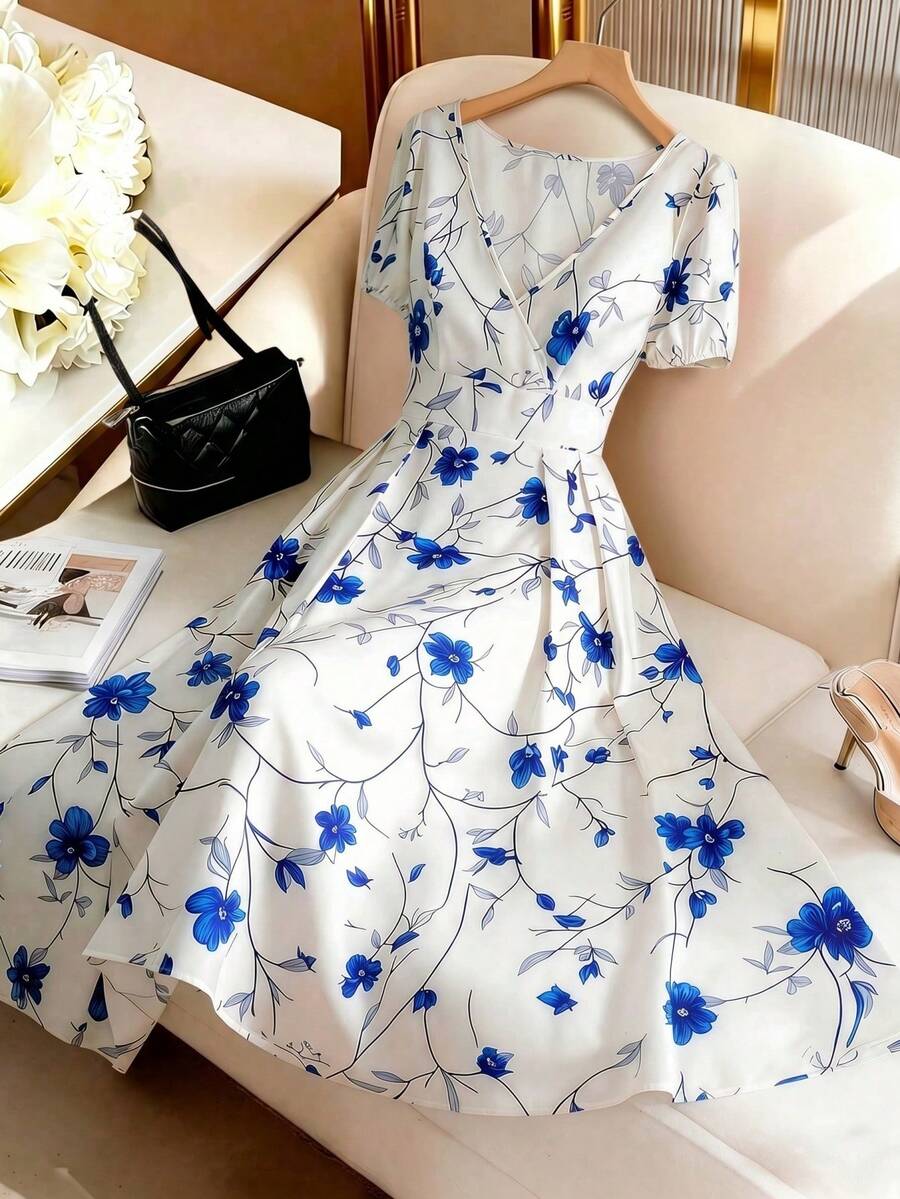 Qadelle Đầm nữ họa tiết hoa nhí, cổ chữ V chéo, tay phồng, eo chun, dáng chữ A, nền trắng điểm xuyết hoa xanh, phong cách lãng mạn Pháp, thích hợp cho kỳ nghỉ, đi làm, thanh lịch, quyến rũ, dự lễ hội âm nhạc, phong cách bohemian, đi biển, dạo phố, hẹn hò, retro, đa năng, sang trọng, phù hợp cho mùa xuân và hè. - Nhiều màu - Xem 1