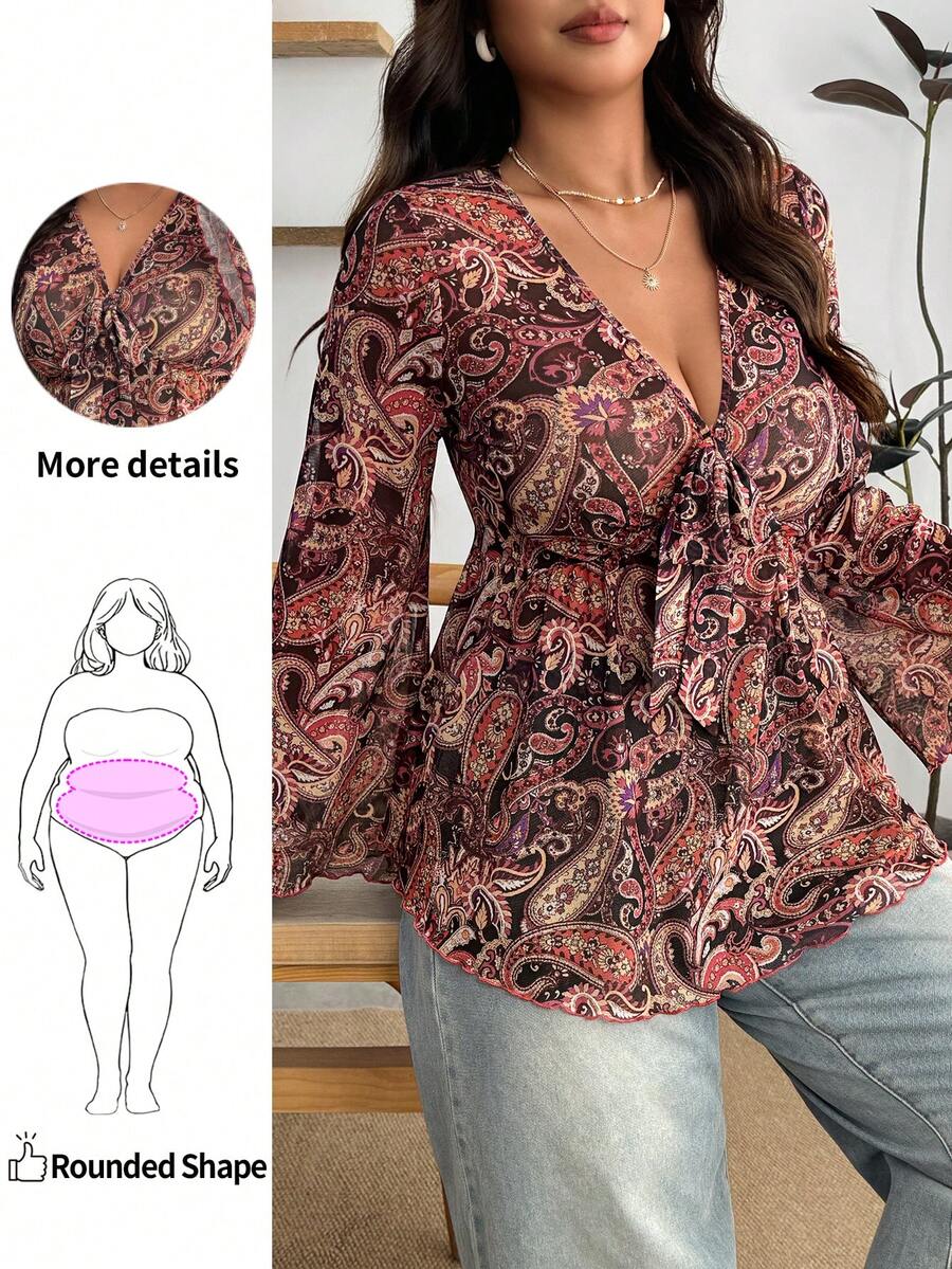 Enliva Plus Size Breathable Vintage Style Printed Tie-Front Long Sleeve T-Shirt, For Apple And Rounded Body Shape - Brown - View 1