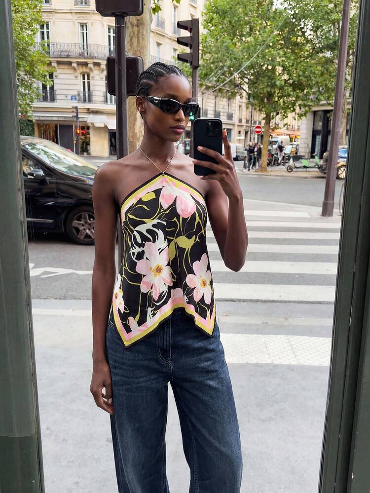 SHEIN Maija Women's Floral Print Asymmetric Hem Halter Neck Blouse Holiday Holiday Vacation Black Floral Summer Casual