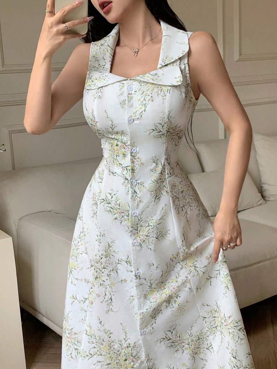 Modelyn 時尚浪漫花卉印花長洋裝女款,特殊面料製成 - 白色 - 查看 1