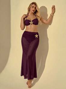 Auralis Plus Size Metal Decor Swimwear Set, Holiday Beach Holiday Gold White Summer - Multicolor - View 2