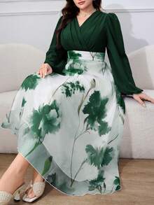 Modelyn 大尺碼女款花卉印花V領時尚約會派對洋裝 - 墨綠色 - 查看 4