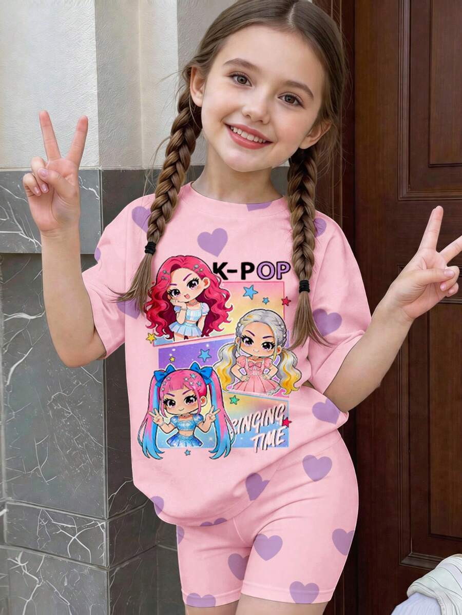 两件套少女休闲简约短袖上衣和短裤套装，适合夏季穿着 - 白色 - 查看 1