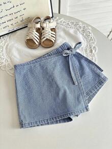 Shorts vaqueros casuales con nudo lateral para niña joven - Lavado ligero - View 3