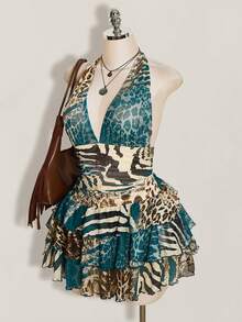 SHEIN ICON Đầm size lớn họa tiết da báo cổ yếm, eo nhún, nhiều lớp voan - Nhiều màu - Xem 4
