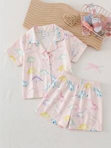 SHEIN 2pcs/Set Baby Girls' Cute Colorful Dinosaur Print Short Sleeve Cardigan Top And Shorts Comfortable Pajamas Set, Summer - Multicolor - View 1