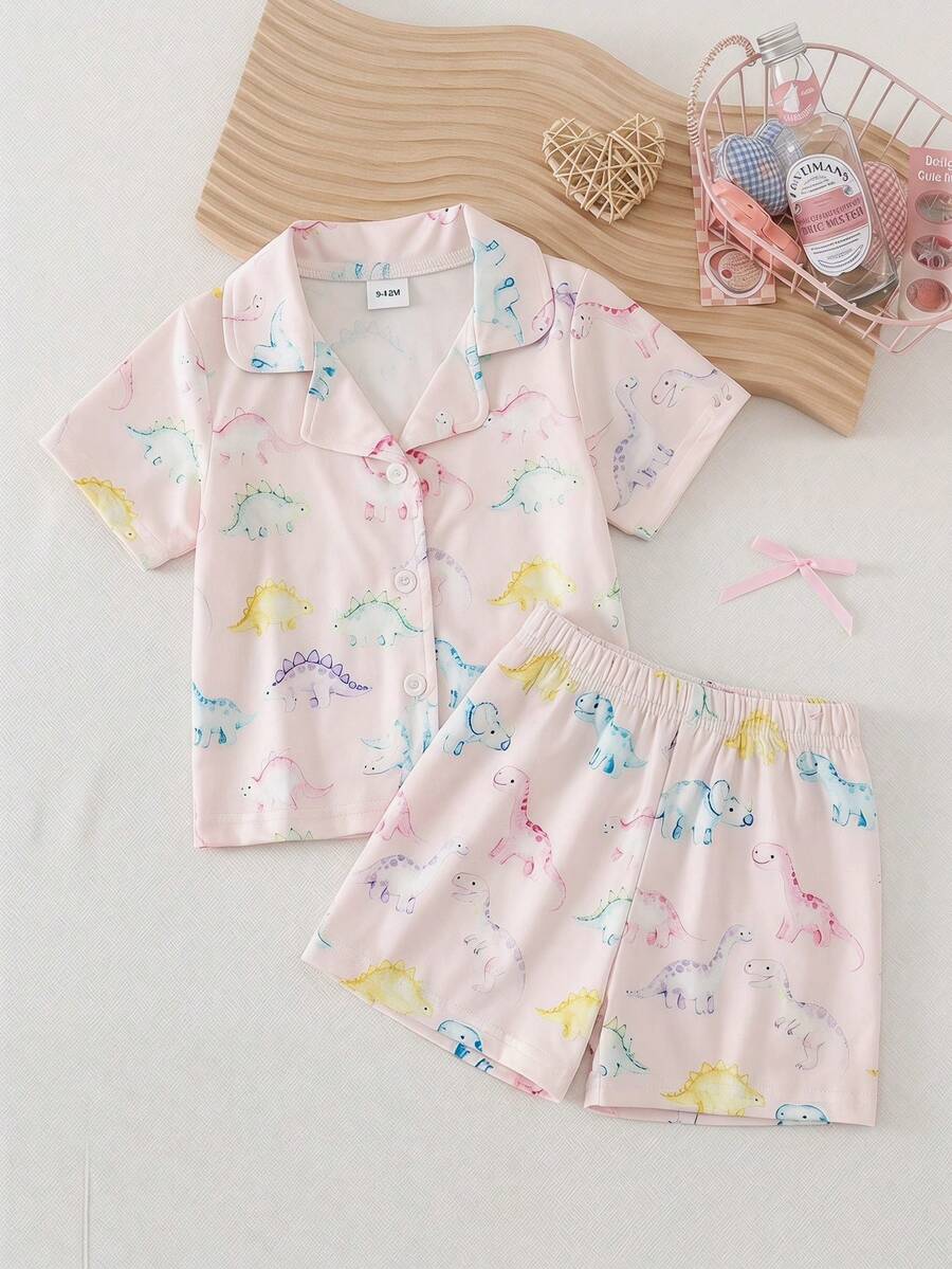 SHEIN 2pcs/Set Baby Girls' Cute Colorful Dinosaur Print Short Sleeve Cardigan Top And Shorts Comfortable Pajamas Set, Summer - Multicolor - View 1
