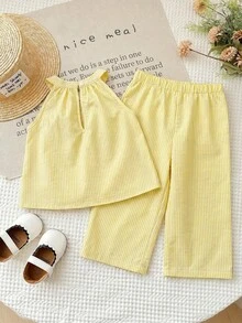 SHEIN LMoss Kids Bộ 2 món áo thun và quần legging không tay màu trơn dệt kim cho bé gái, kiểu dáng thường ngày. - Nhiều màu - Xem 2