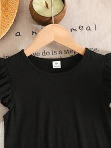 SHEIN LMoss Kids 2pcs Tween Girls Casual Comfortable Round Neck Ruffle Blouse And Pants Set - Black - View 3