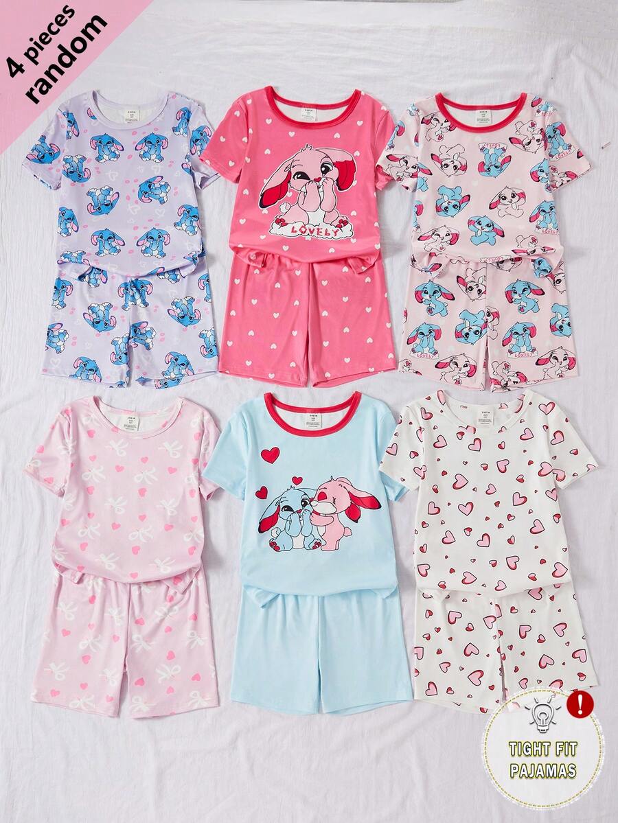 4pcs/Set Girls Knit Short Sleeve Shorts Pajamas,Cute Pink And Blue Bunny Ear Design,Summer Soft Snug Fit Loungewear Home Wear Sleep For Tween Girls - Multicolor - View 1
