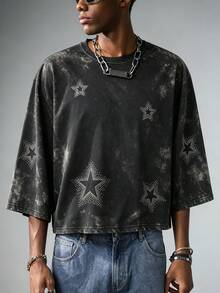ROMWE MEN Street Life Men's Street Style Rhinestone Shiny Star Pattern Round Neck Short Sleeve T-Shirt - Black - View 6